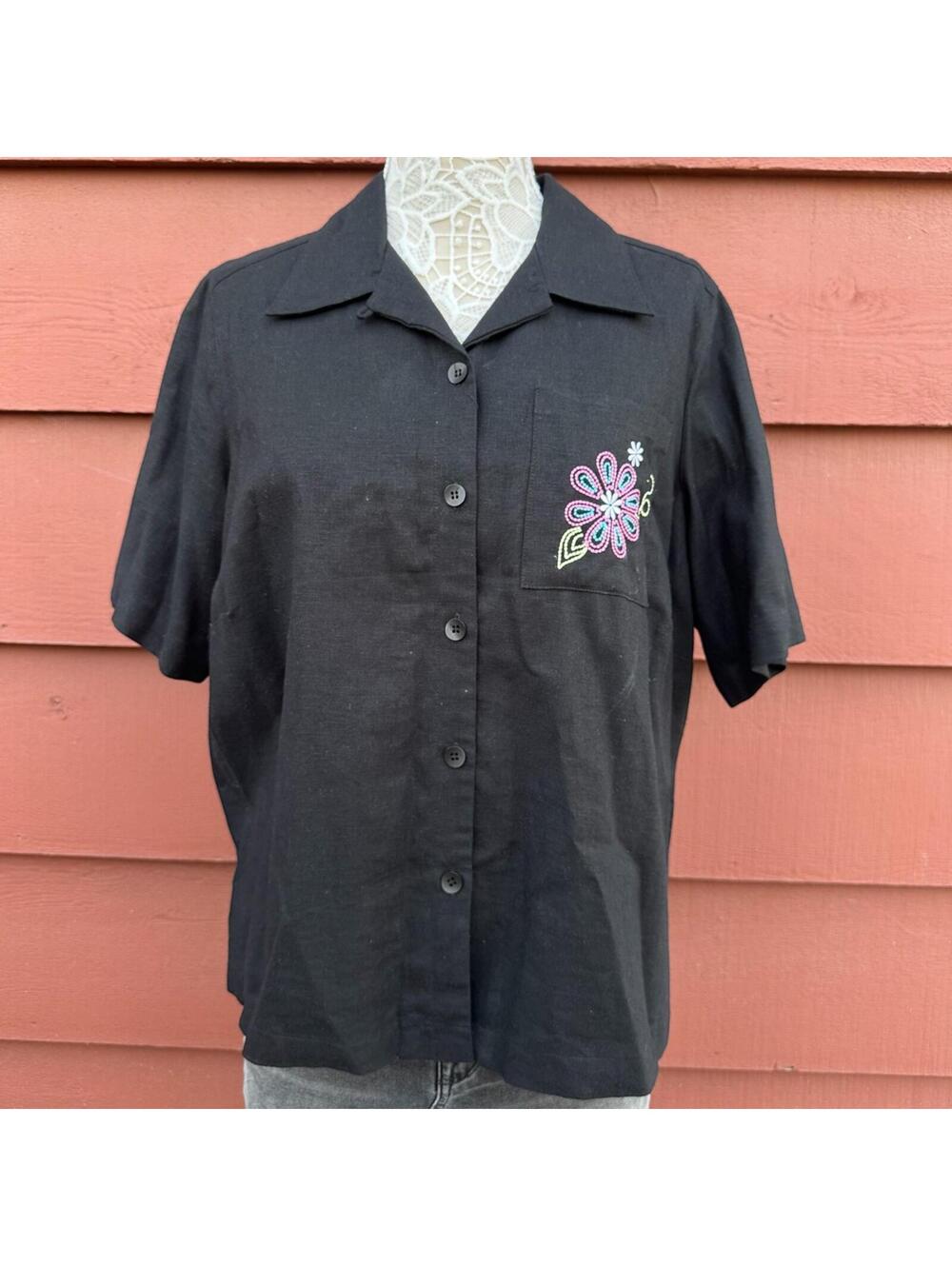 Studio Works Black Embroidered Floral Button Down Camp Shirt